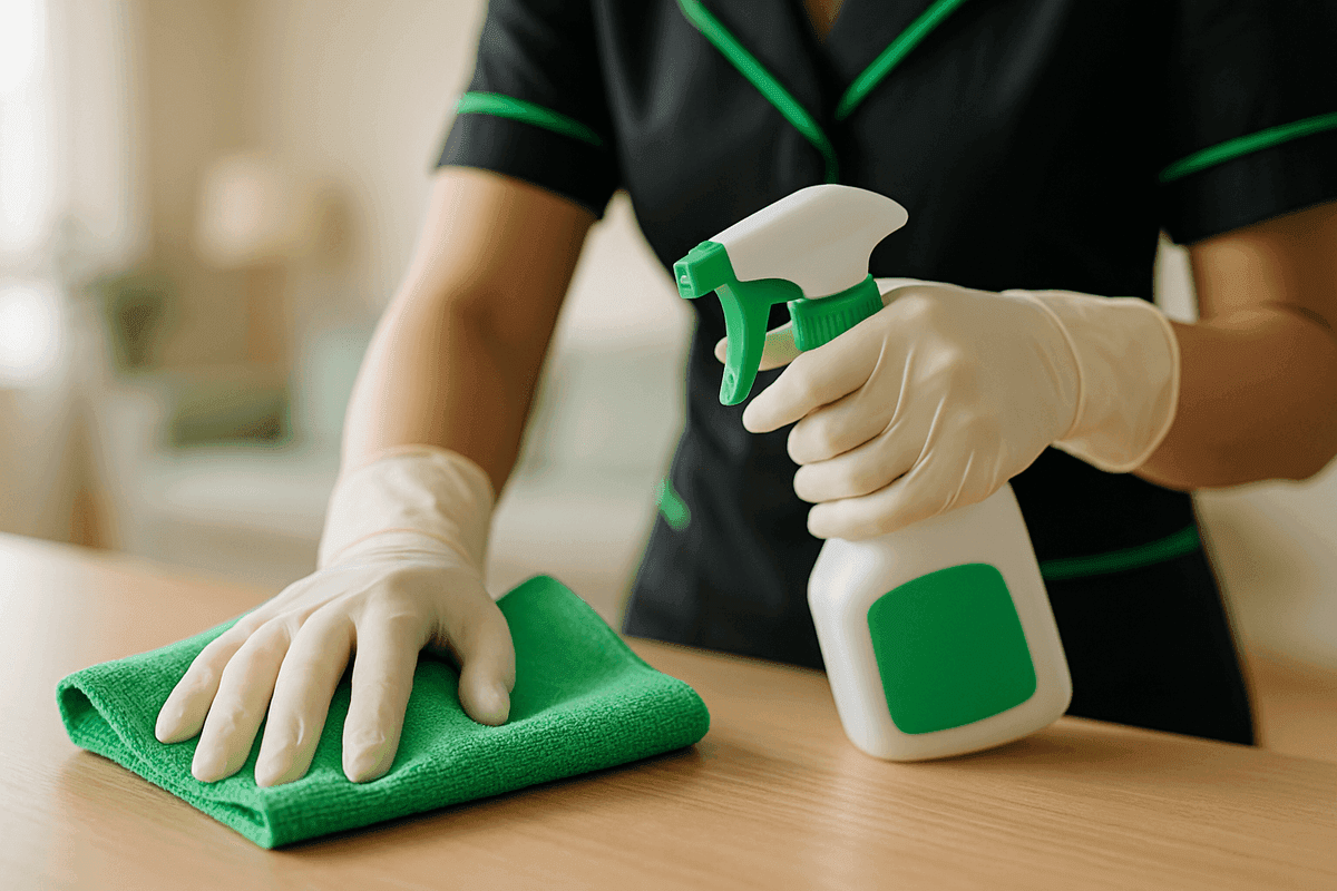 Close-up of maid’s gloved hands cleaning with crofiber cloth and spray bottle indoors